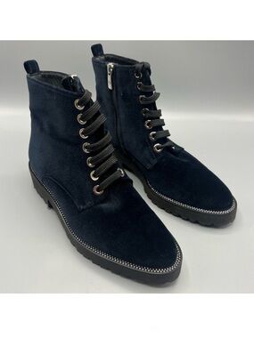 Diane B. Blue Velvet Lace-Up Boots with Crystal Trim NWOT
